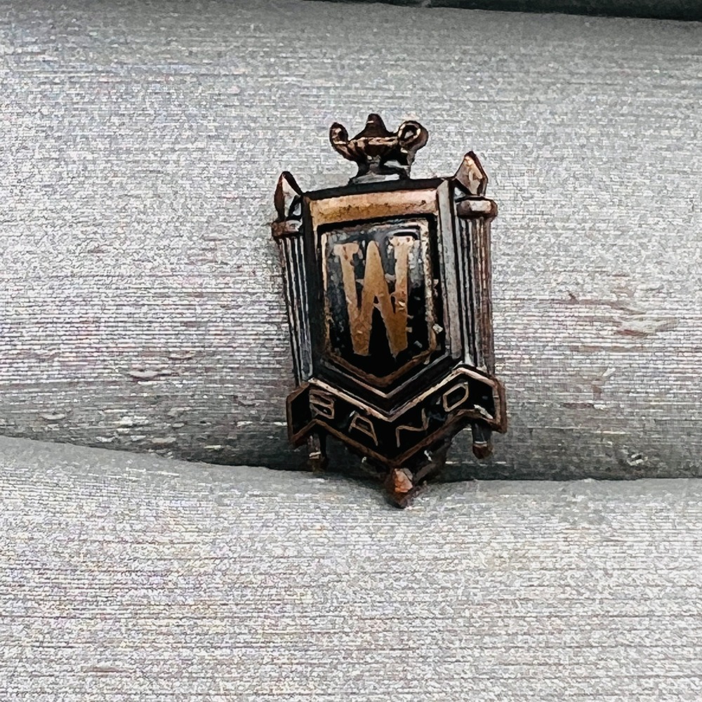 Vintage Shield Pin W Band‎ High School Music Award Gold Tone Enamel Brooch